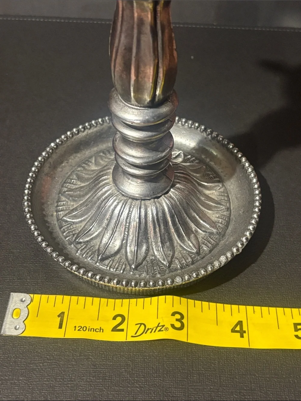 Vintage silver tone pillar candlestick ornate decorative metal home decor